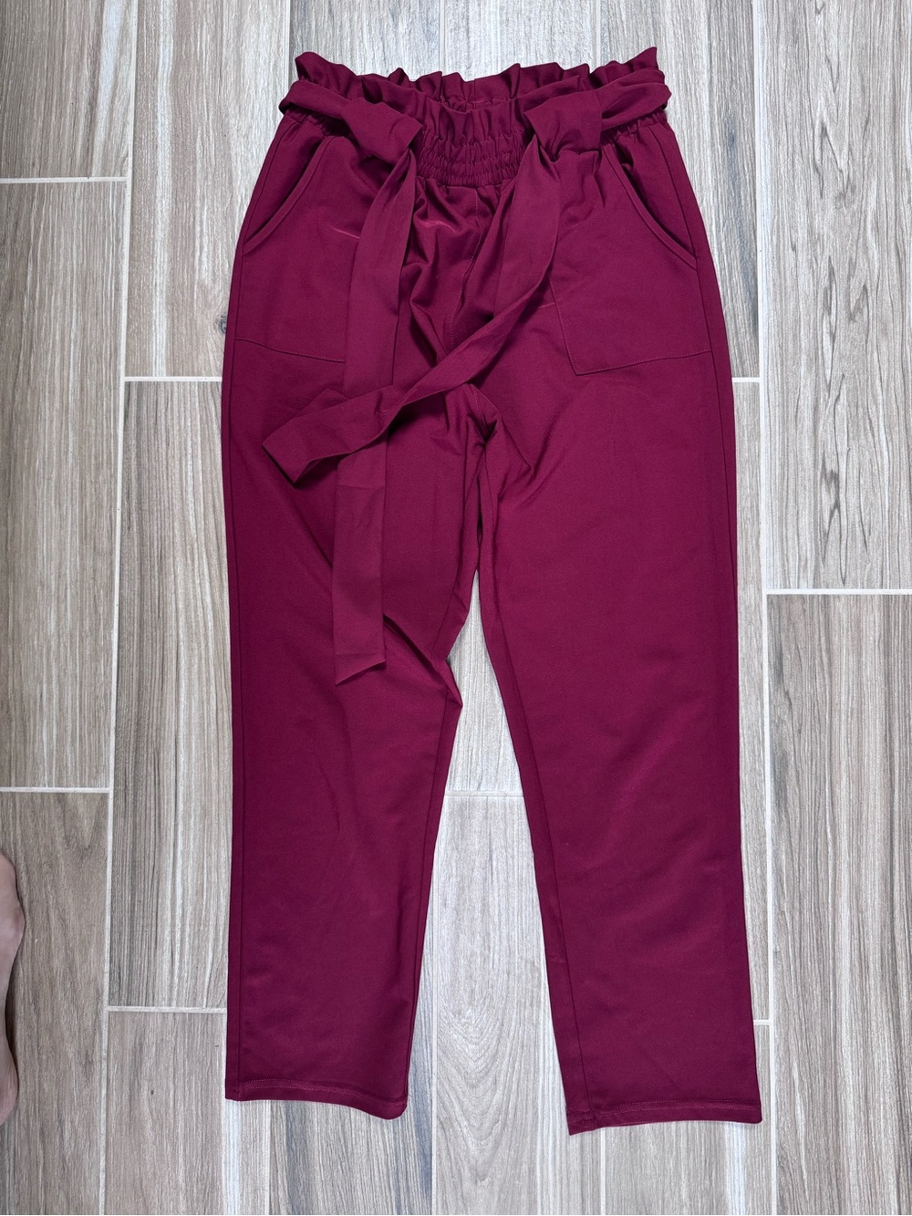 Grace Karin High-Waist Paperbag Pants with Tie Belt - Burgundy